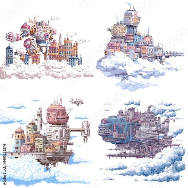 Fototapeta Set of four pixel art-style floating cities above the clouds, featuring futuristic buildings and airships, perfect for sci-fi concepts, fantasy world design, and imaginative storytelling.

