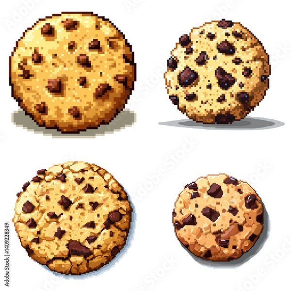 Fototapeta Set of four delicious chocolate chip cookies in pixel art style, isolated on white background, ideal for food illustrations, retro games, digital stickers, or snack-themed designs.

