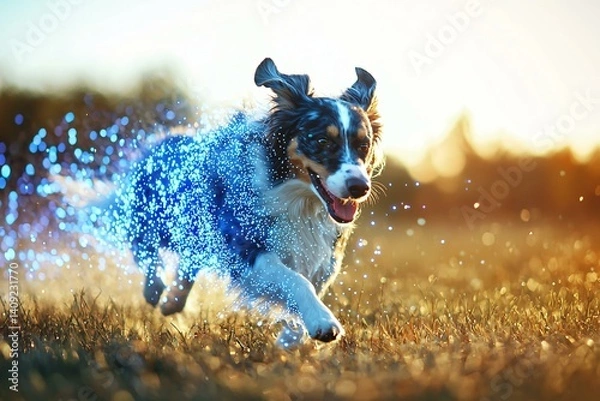 Fototapeta a dog running in a field with blue digital particles trailing behind, joyful energy, natural sunlight and futuristic motion effect
