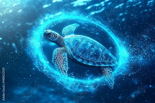 Fototapeta a turtle swimming underwater surrounded by glowing blue tech rings and soft particles, futuristic digital ocean life scene