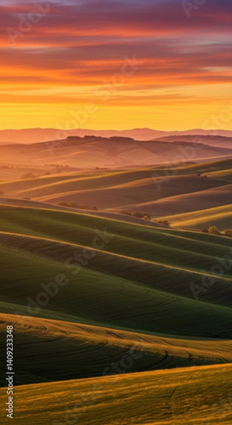 Obraz A breathtaking landscape of rolling hills at sunset showcasing warm, golden hues