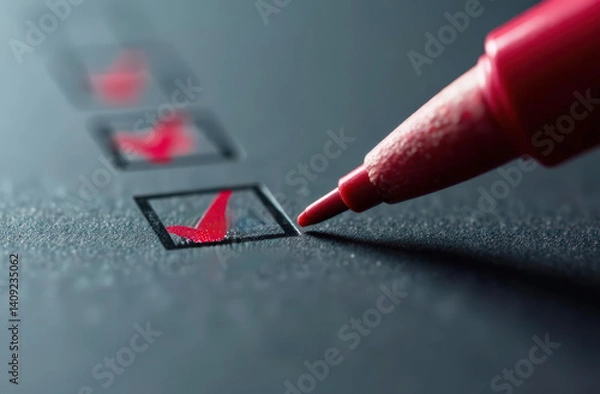 Fototapeta Red marker checking box on checklist paper with focused detail