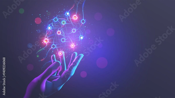 Fototapeta Neural network scheme above scientist hand. Artificial neural networks, ANN. Abstract simple graphics scheme of neural machine mind with AI. Artificial intelligence, cybernetic net. Education AI.