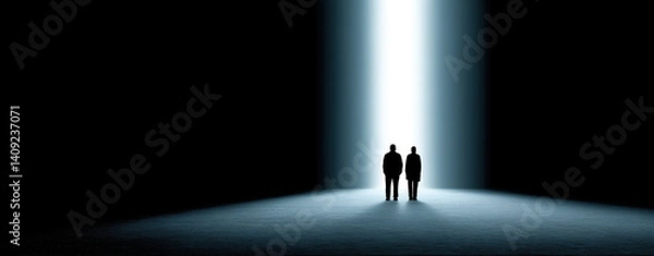 Fototapeta powerful image depicting two figures standing dark space illuminated by bright beam of light. This scene evokes feelings of hope and guidance
