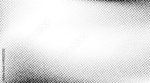 Fototapeta Grunge dotted halftone gradient background. Faded grit noise texture. White and black wallpaper. Retro pixelated backdrop. Anime or manga style comic overlay. Vector graphic design textured template.
