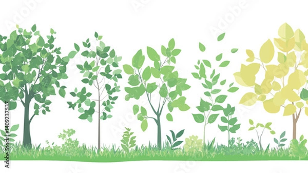 Fototapeta A digital illustration depicting a horizontal row of various trees and shrubs with different leaf types and shades of green and yellow.  The trees vary in size and maturity