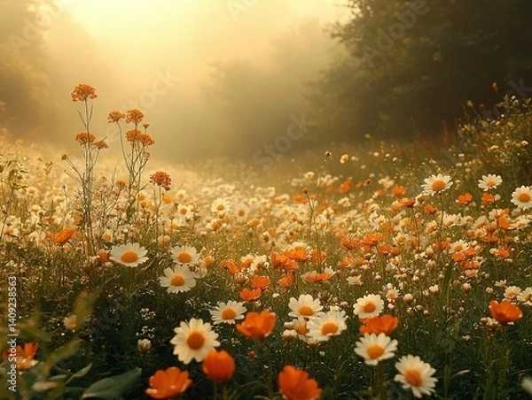 Fototapeta Field of flowers with misty background in warm sunlight.