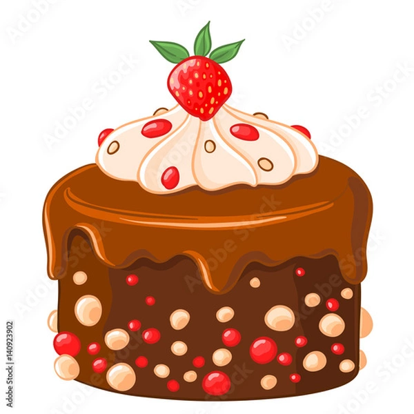 Fototapeta Cartoon icon chocolate-coffee cake with caramel syrup, strawberries and whipped cream.