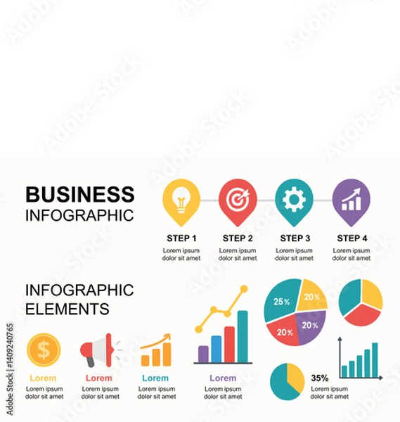 Obraz Vector infographic design template for business presentation, modern flat style with icons, graphs, and timeline elements, colorful and editable, white background, isolated