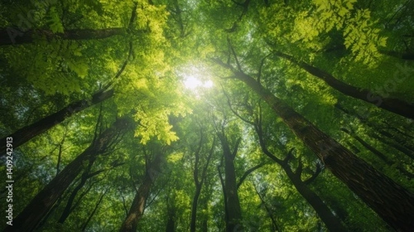 Obraz Looking up at the sun shining through the canopy of a lush green forest.
