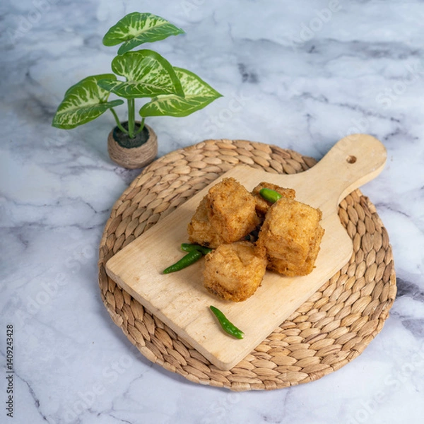 Obraz Crispy Brown Fried Tofu That Looks Crunchy And Savory With A Colorful Background Looks Very Appetizing.