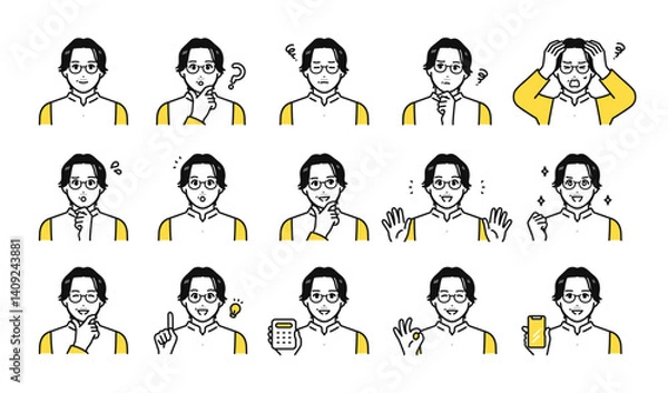Fototapeta ビジネスカジュアルなミドル世代の男性の様々な表情アイコンセット