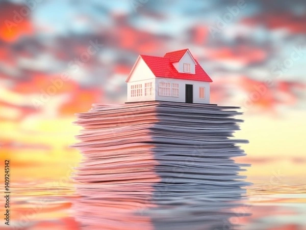 Obraz mortgage property terms house paper concept. Surreal house atop a stack of papers against a colorful sky.
