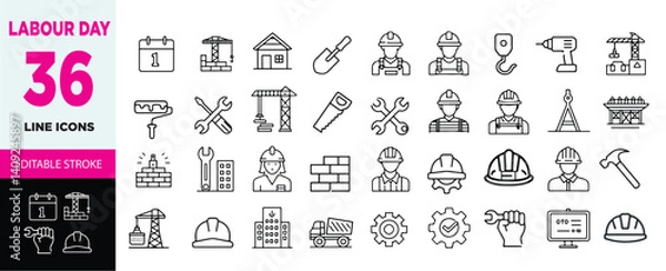 Fototapeta Labor Day Line Icons – 36 Editable Stroke Vector Icons for Construction and Work