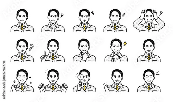 Fototapeta シニア世代の男性作業員の様々な表情アイコンセット