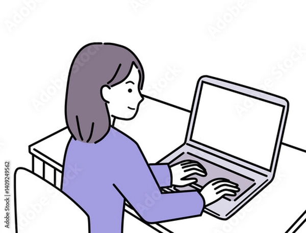 Obraz ノートパソコンで在宅ワークをする私服の女性