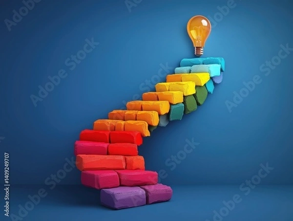 Obraz Ascending Creativity: Colorful Staircase of Lightbulbs Symbolizes Innovation, Success, and Growth