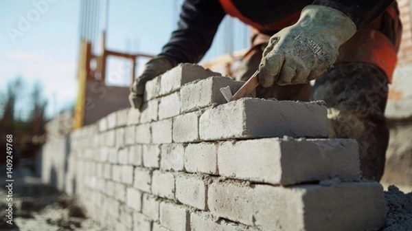 Fototapeta Mason laying bricks for a building wall. Featuring craftsmanship and precision