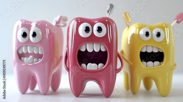 Fototapeta Colorful cartoon teeth characters with expressive faces and accessories