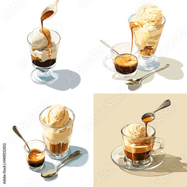 Fototapeta Realistic illustrations of affogato desserts with espresso poured over vanilla ice cream, capturing the rich contrast, creamy texture, and coffee indulgence in stylish servings.

