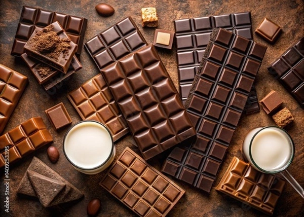 Fototapeta Varied Chocolate Background Milk Dark Cocoa Bars Top View