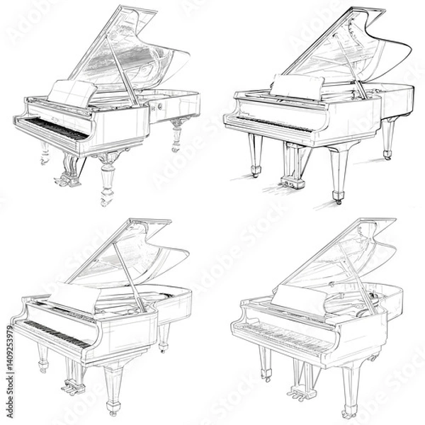 Fototapeta Hand-drawn sketches of grand pianos in various angles with detailed line work. Perfect for music-themed designs, classical art, instrument posters, and educational materials.

