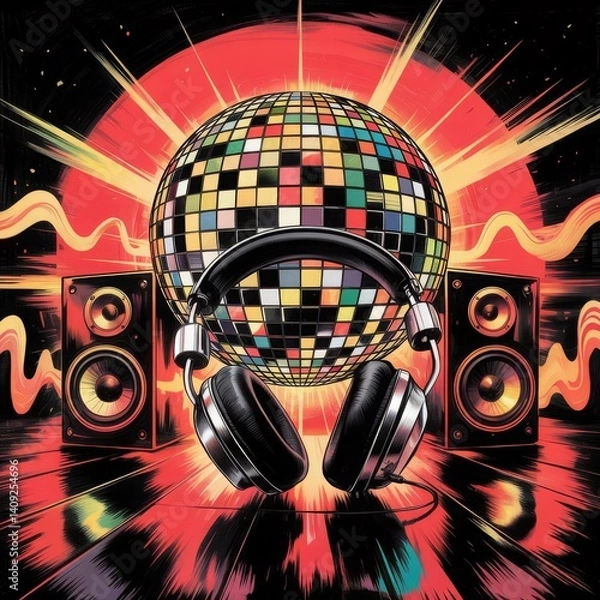 Obraz Dynamic neon-style illustration of a disco ball with DJ headphones and speakers, capturing the essence of 80s and EDM culture