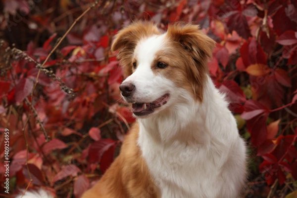 Fototapeta Potrait of amazing border collie in front of red leaves