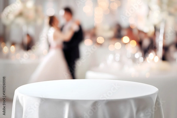 Obraz White table for product placement in decorated indoor venue with bride and groom dancing in background, copy space