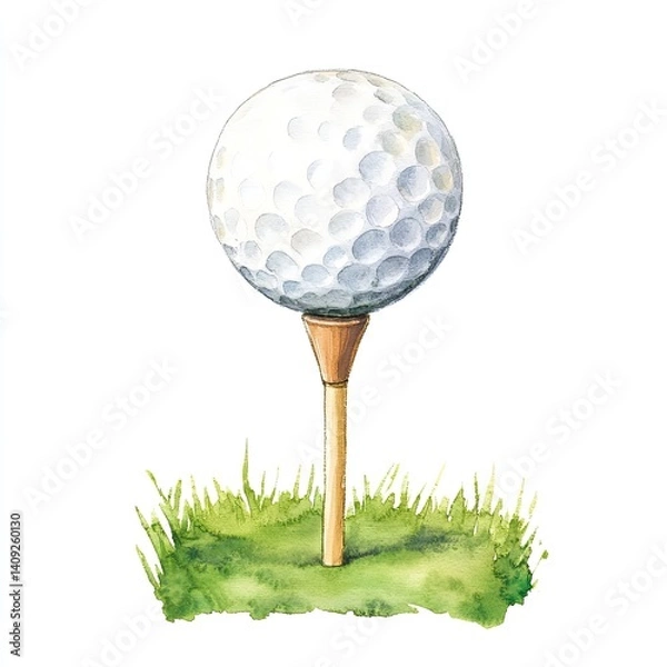 Obraz Watercolor golf ball on tee isolated on white background for sports print design