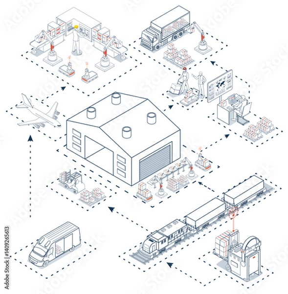 Obraz Global logistics network. 3D isometric scenes showing export-import operations via air, road, rail, and cargo services.