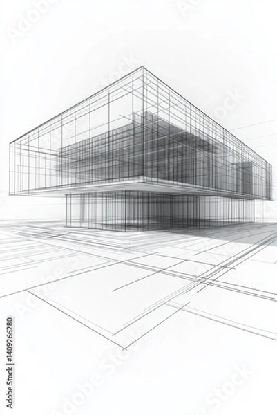 Fototapeta Architectural blueprint of modern building design showcasing sleek lines and minimalist style in a bright white background creating a futuristic mood