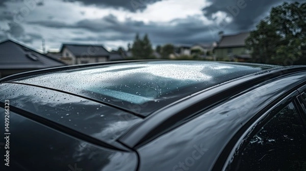 Obraz Rain droplets on a car's sunroof reflecting stormy clouds in a suburban neighborhood