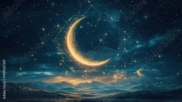 Fototapeta Abstract moon and stars inside geometric frame