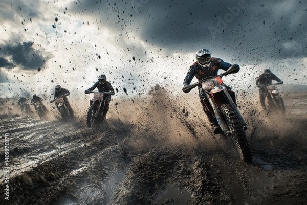 Fototapeta Motocross Thrill: Riders navigate a challenging off-road course on motorcycles, kicking up dirt and facing a cloudy sky, full of speed and control.