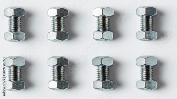 Obraz Collection of metal hexagonal bolts arranged in a grid pattern on a white surface highlighting their shiny surfaces and precision