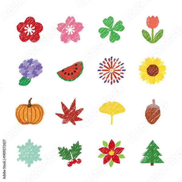 Fototapeta 四季　素材　アイコン　手描き風