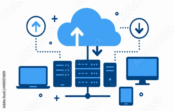 Obraz Flat vector illustration of cloud computing connected devices, and upload/download icons, modern IT style, white background, infographic design