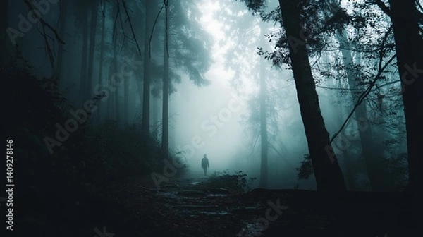 Fototapeta misty forest path: a cinematic composite featuring a mysterious silhouette figure walking into a dark, foggy forest, illuminated by dramatic moonlight, evoking a sense of mystery and atmospheric mood