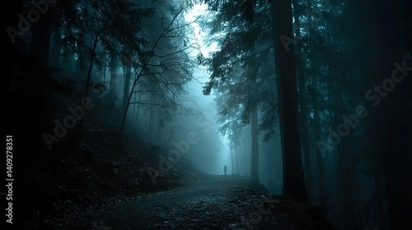 Fototapeta misty forest path: a cinematic composite featuring a mysterious silhouette figure walking into a dark, foggy forest, illuminated by dramatic moonlight, evoking a sense of mystery and atmospheric mood