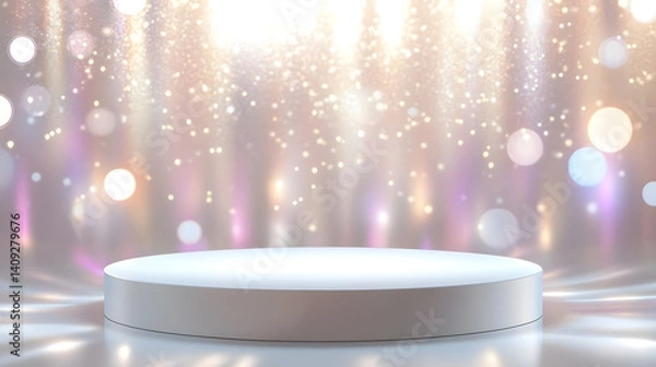 Fototapeta White podium display with holographic and sparkling bokeh background for luxury product presentation