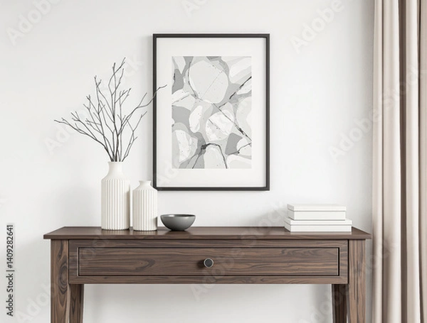 Fototapeta modern minimalist console table decor with abstract grayscale print