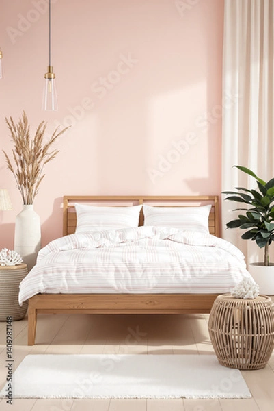 Fototapeta serene bedroom with a wooden bed and soft pink and white striped bedding