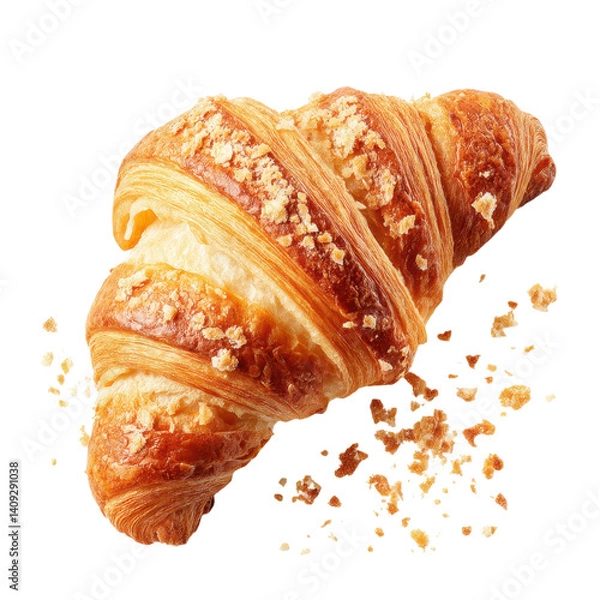 Fototapeta Delicious croissant with crumbs on a white background. Perfect for breakfast or a snack.