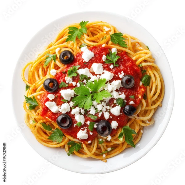 Fototapeta Overhead shot of spaghetti with tomato sauce, feta cheese, olives, and parsley on a white plate. Delicious and healthy Mediterranean cuisine.