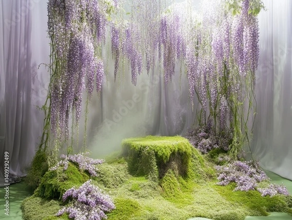 Fototapeta Enchanted Wisteria Oasis: The image unveils a serene oasis, where cascading wisteria vines intertwine, creating an ethereal atmosphere. A moss-covered pedestal emerges from the mystical fog.