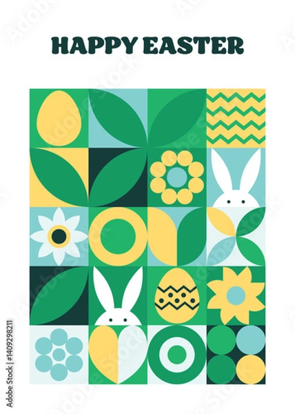Fototapeta Geometric East greeting card with bunny, egg and flower. Abstract pattern design. Vector illustration