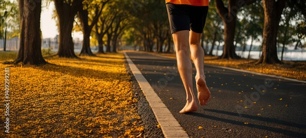 Obraz Barefoot runner on a scenic, tree-lined path in autumn.