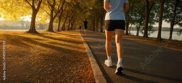 Fototapeta Person jogging on a sunlit path by a lake surrounded by trees.