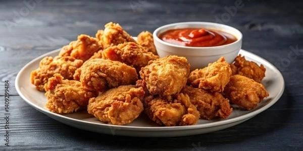 Obraz Crunchy fried chicken pieces on a plate with dipping sauce ,finger lunch,  finger lunch, crispy fried popcorn chicken, bite